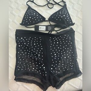 Fashion Nova Black Rhinestone Mesh swim Set